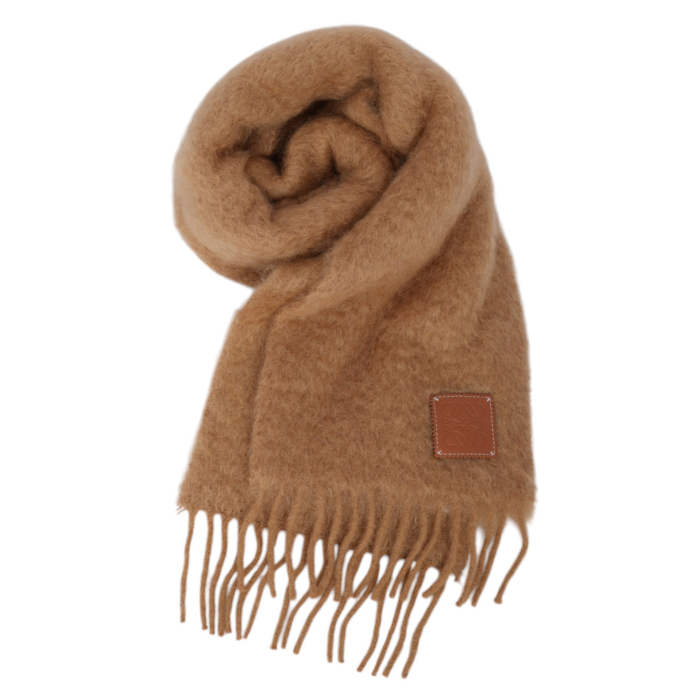 【LOEWE】Anagram 皮標海馬毛及羊毛圍巾(駝色)F655254X01 3150
