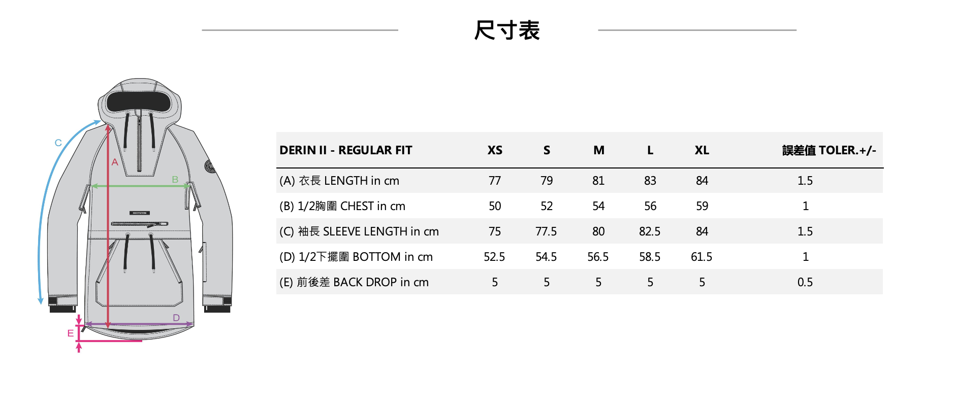 DERIN II JACKET FW23女款半開襟式滑雪外套 尺寸表