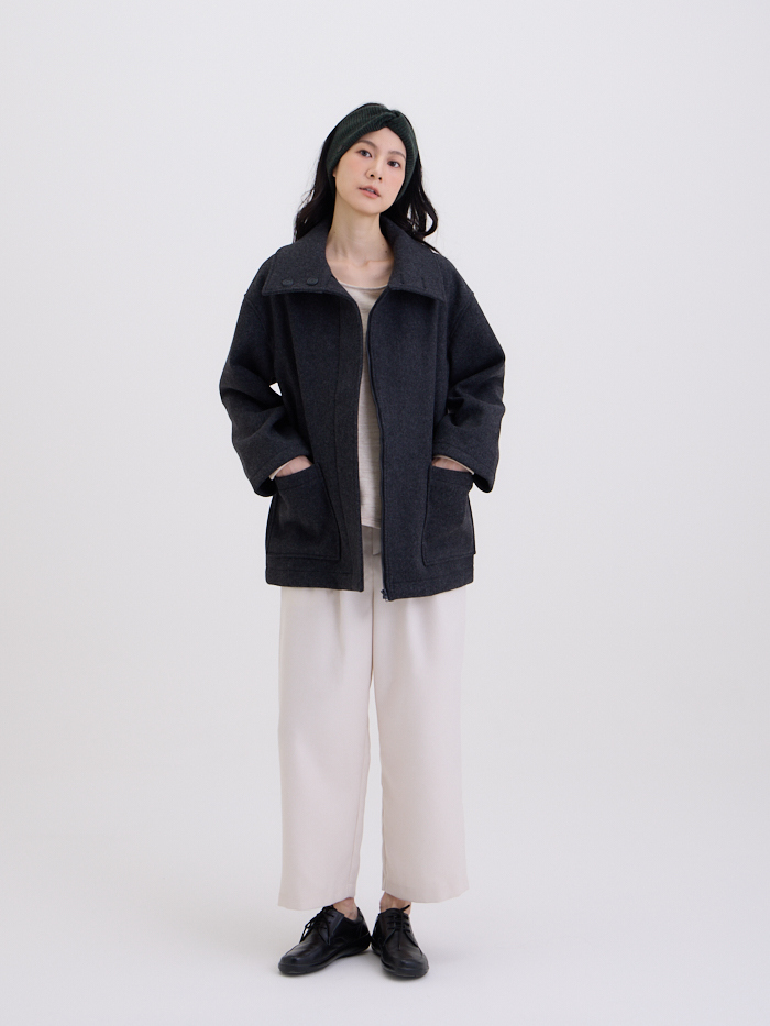 威廉立領毛料大衣外套-灰岩