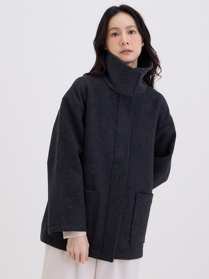 威廉立領毛料大衣外套-灰岩