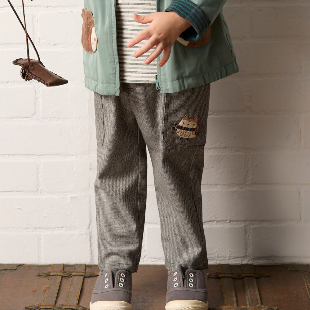 PIPPY 可愛貓頭鷹腰圍大口袋鬆緊長褲 灰