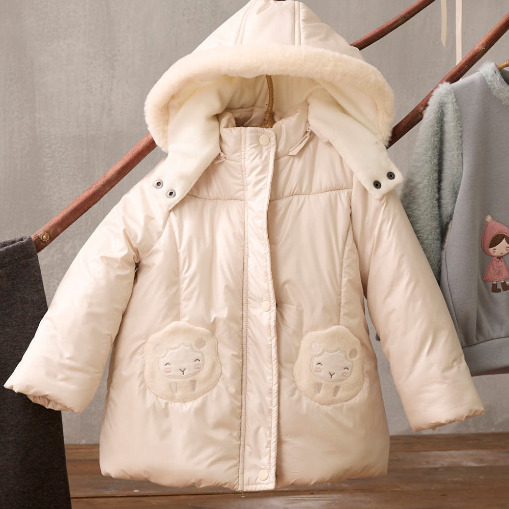 PIPPY微笑小綿羊保暖連帽風衣鋪棉外套  米白 (中性款)