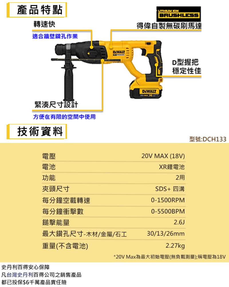 得偉 DEWALT 20V 無刷 四溝 三用 電鎚鑽 DCH133N 空機 DCH133
