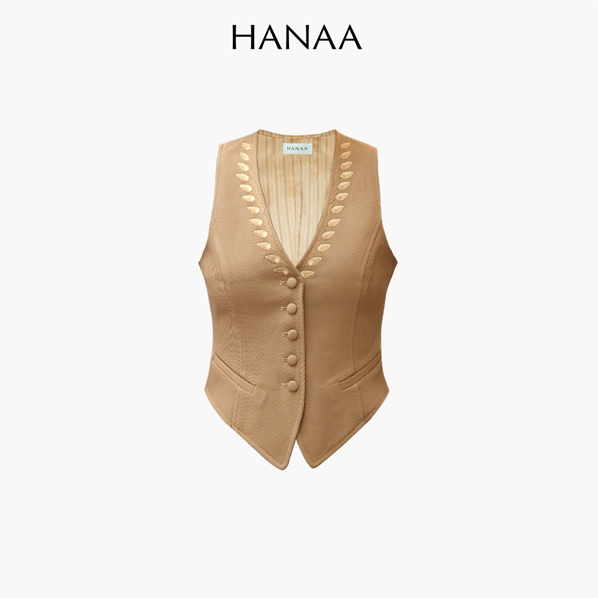 HANAA新款復古修身無袖卡其色馬甲疊穿內搭馬夾百搭背心上衣