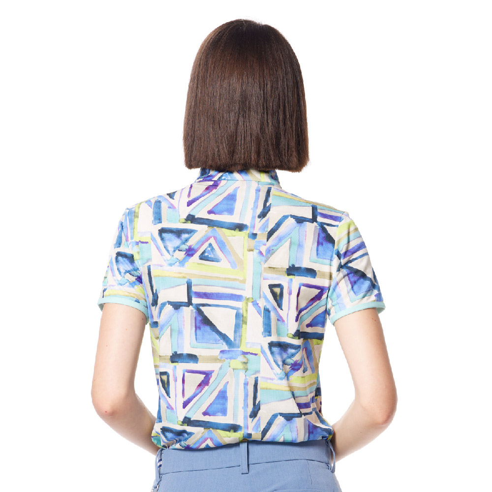 【Lynx Golf】歐洲布料包邊設計繽紛幾何圖形花布立領POLO衫