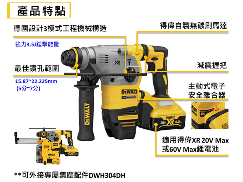 得偉 DEWALT  20V 無刷 D型 四溝 三用電鎚鑽 DCH293P2 雙電5.0 DCH293