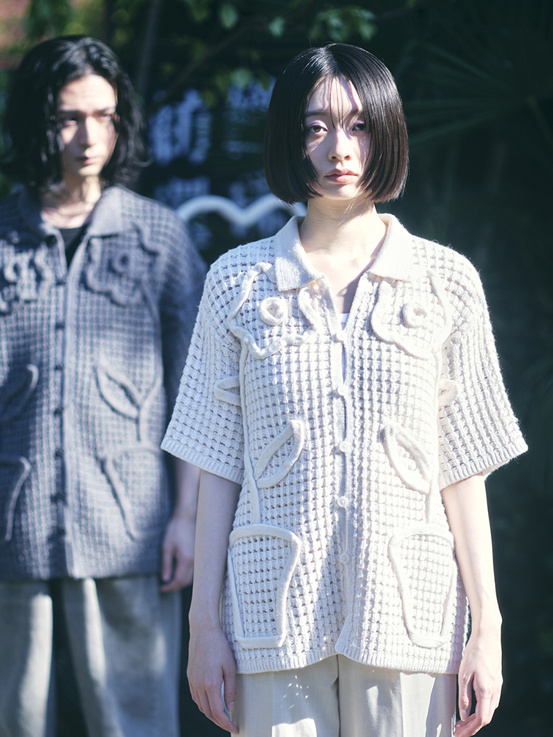 Hai'an Road Flower_ Hand Stitch Knit Shirt Beige