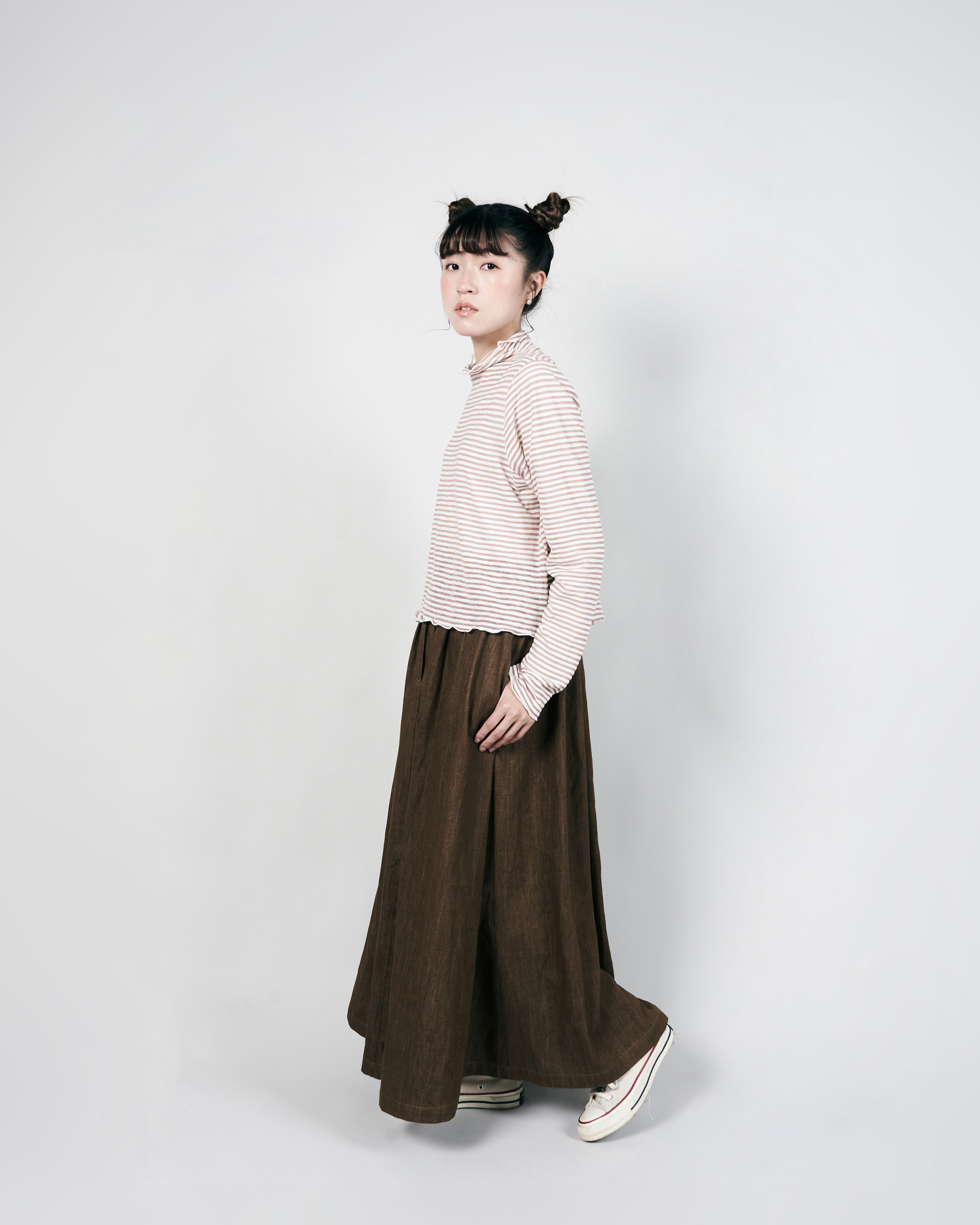 【 Kiki.co Made 】Stripe Skin Turtleneck - khaki