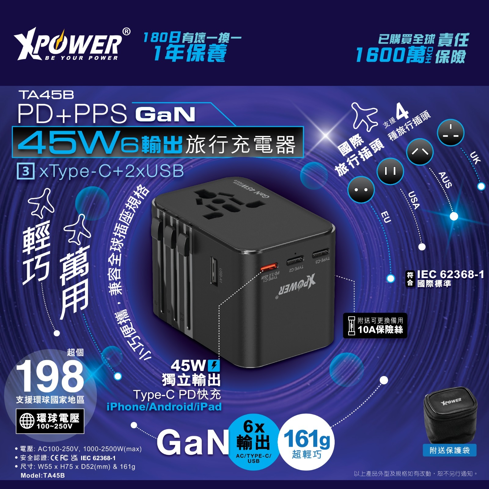 XPower TA45B 6輸出 45W PD/PPSGaN旅行充電器