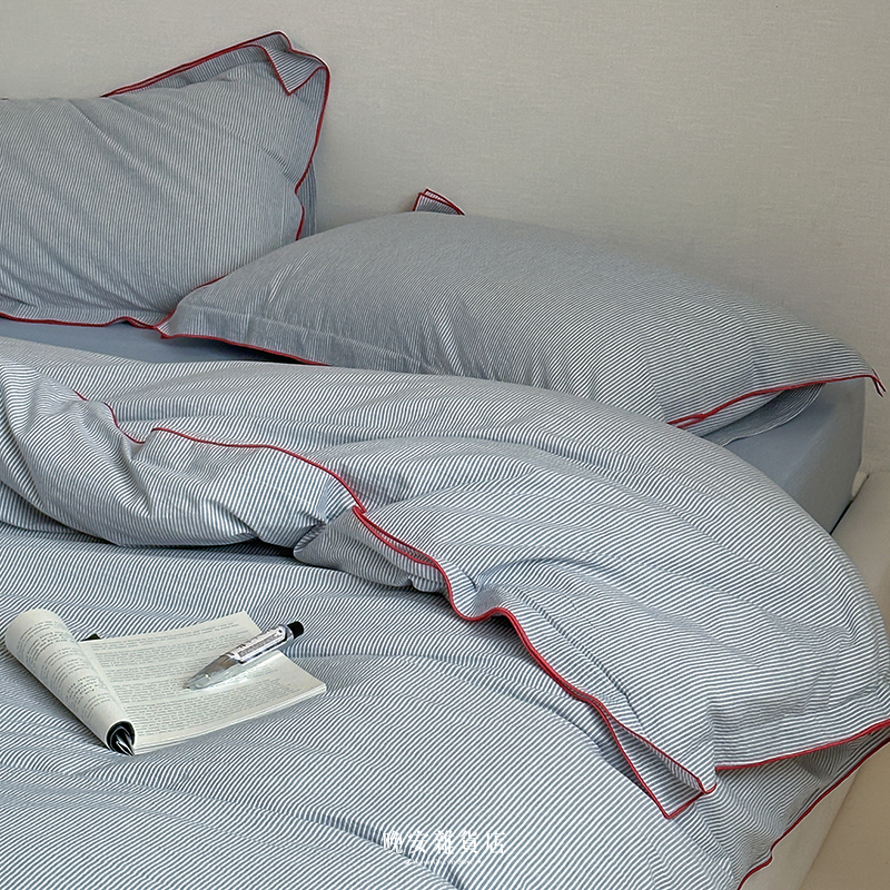 條紋滾邊拼接純棉【藍調時刻】床單床包組