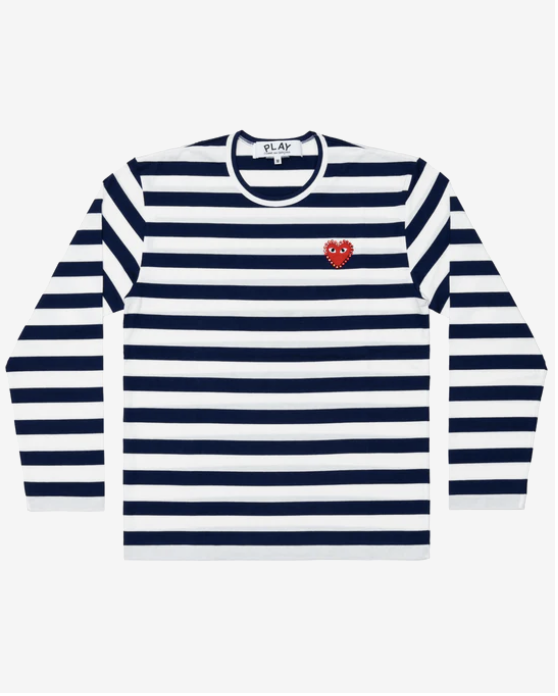 PLAY CDG 水鑽 寬條紋長TEE Unisex Border Long Sleeve T-Shirt Red Emblem X Rhinestone Navy/White