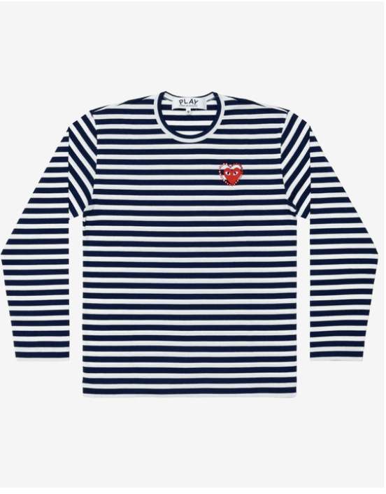 PLAY CDG 1206新品上市 水鑽 細條紋長TEE Unisex Border Long Sleeve T-Shirt Red Emblem X Rhinestone Navy/White