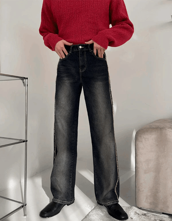 Deki 側邊毛邊寬牛仔褲