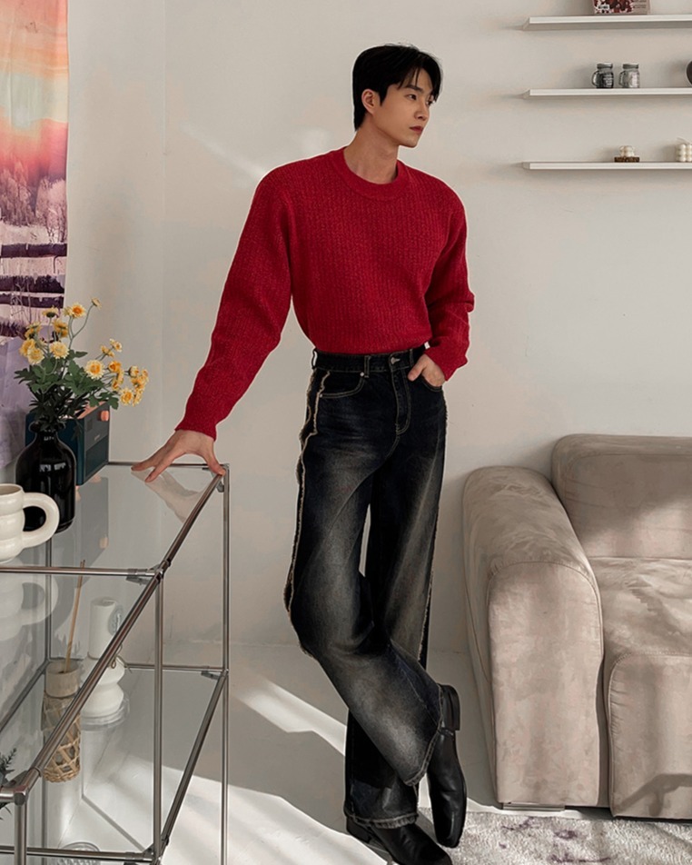 Deki 側邊毛邊寬牛仔褲