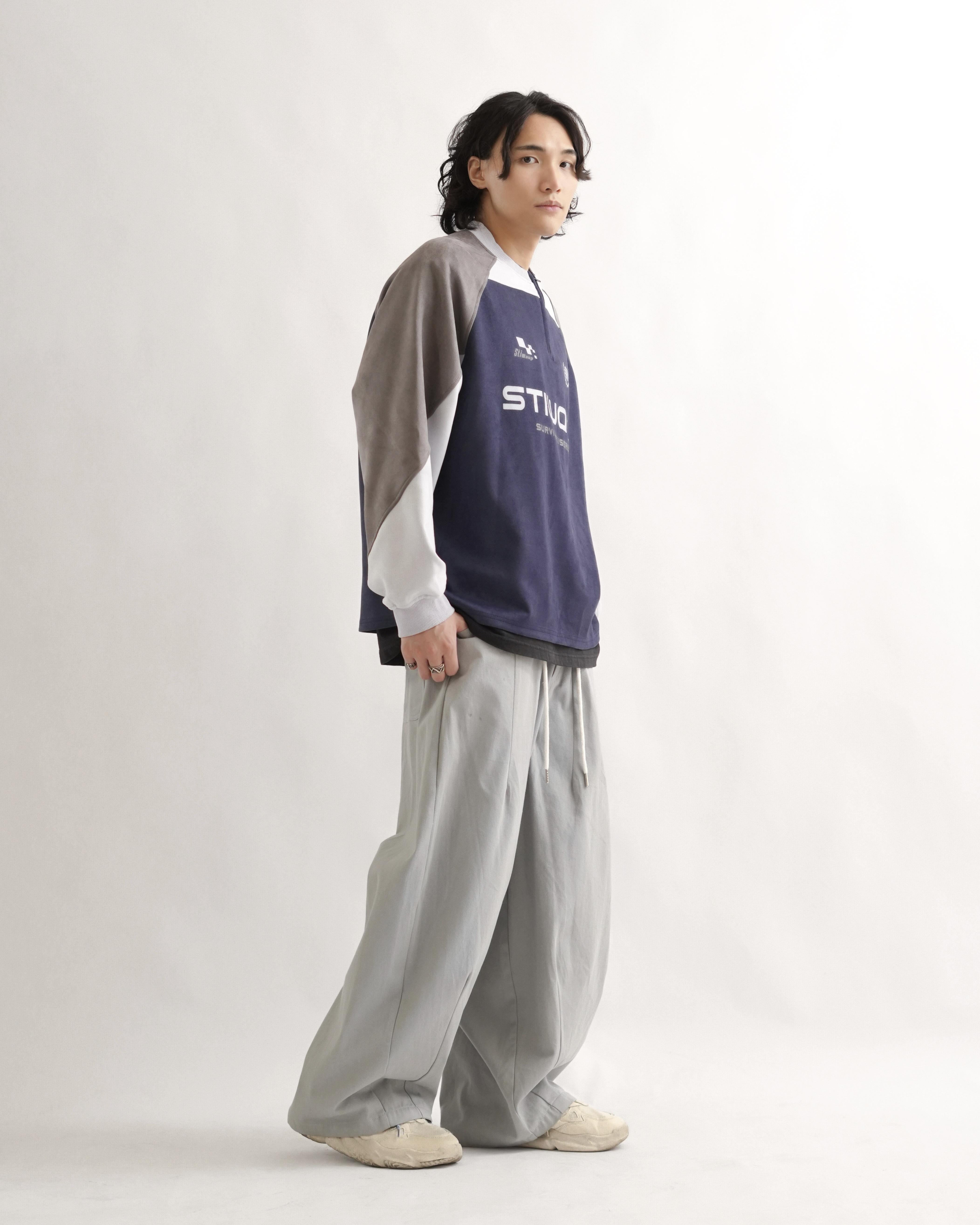 ML012 半拉鏈拼色麂皮衛衣-藏青色