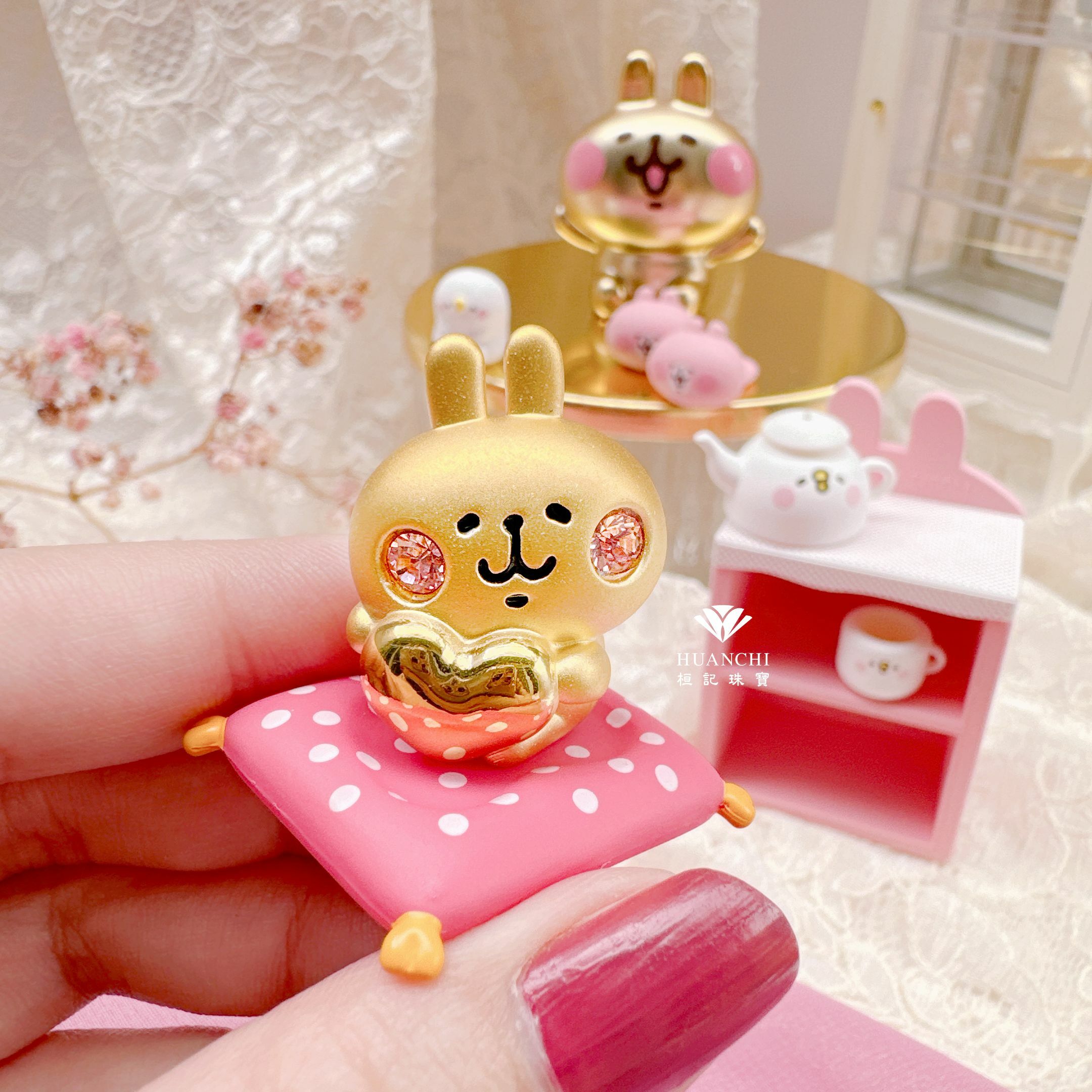 卡娜赫拉的小動物 甜心粉紅兔兔/甜心P助 黃金擺件