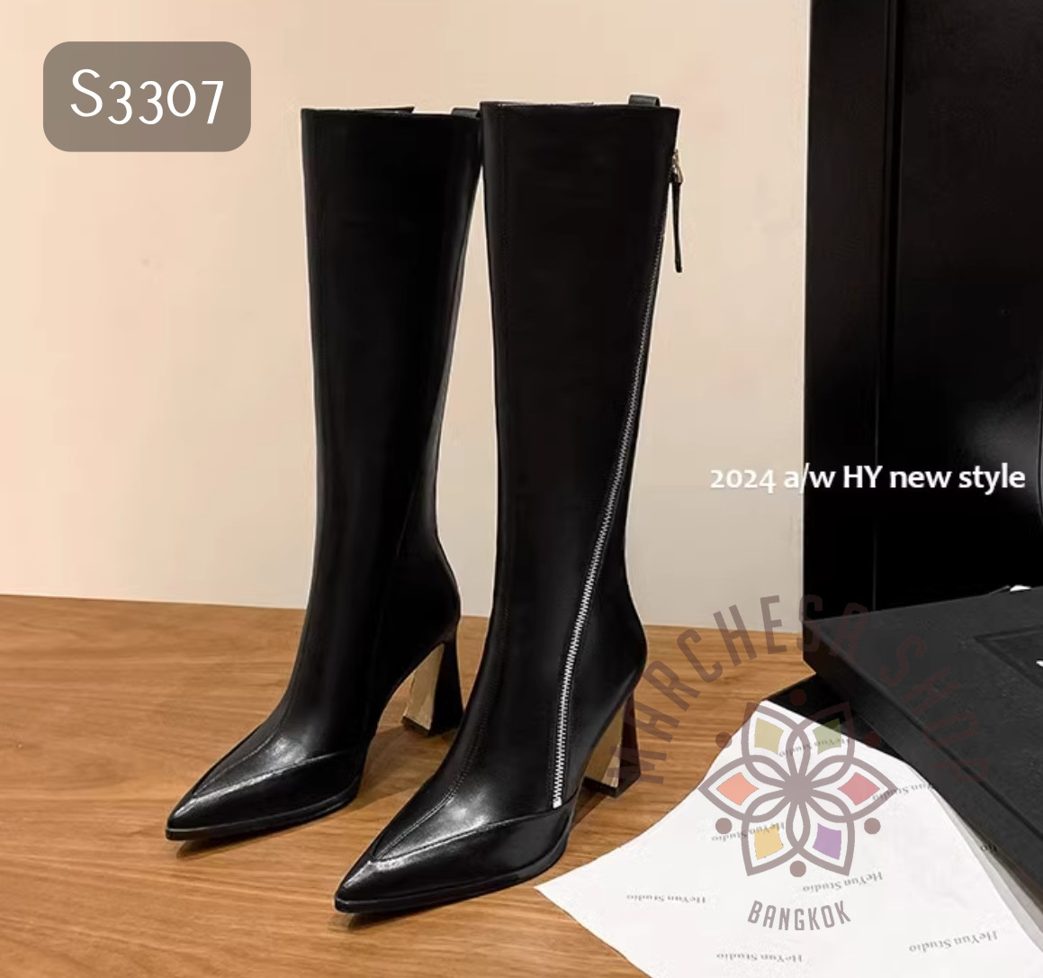 S3307 - 全真皮羊皮鈄拉鏈尖頭高踭長靴 (兩種高度)