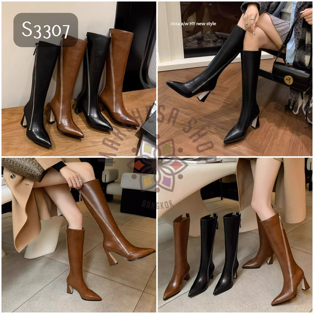 S3307 - 全真皮羊皮鈄拉鏈尖頭高踭長靴 (兩種高度)