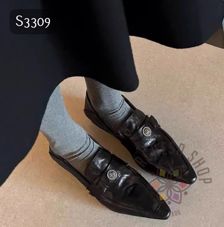 S3309 - 全真皮羊皮皺摺山茶花尖頭平底鞋