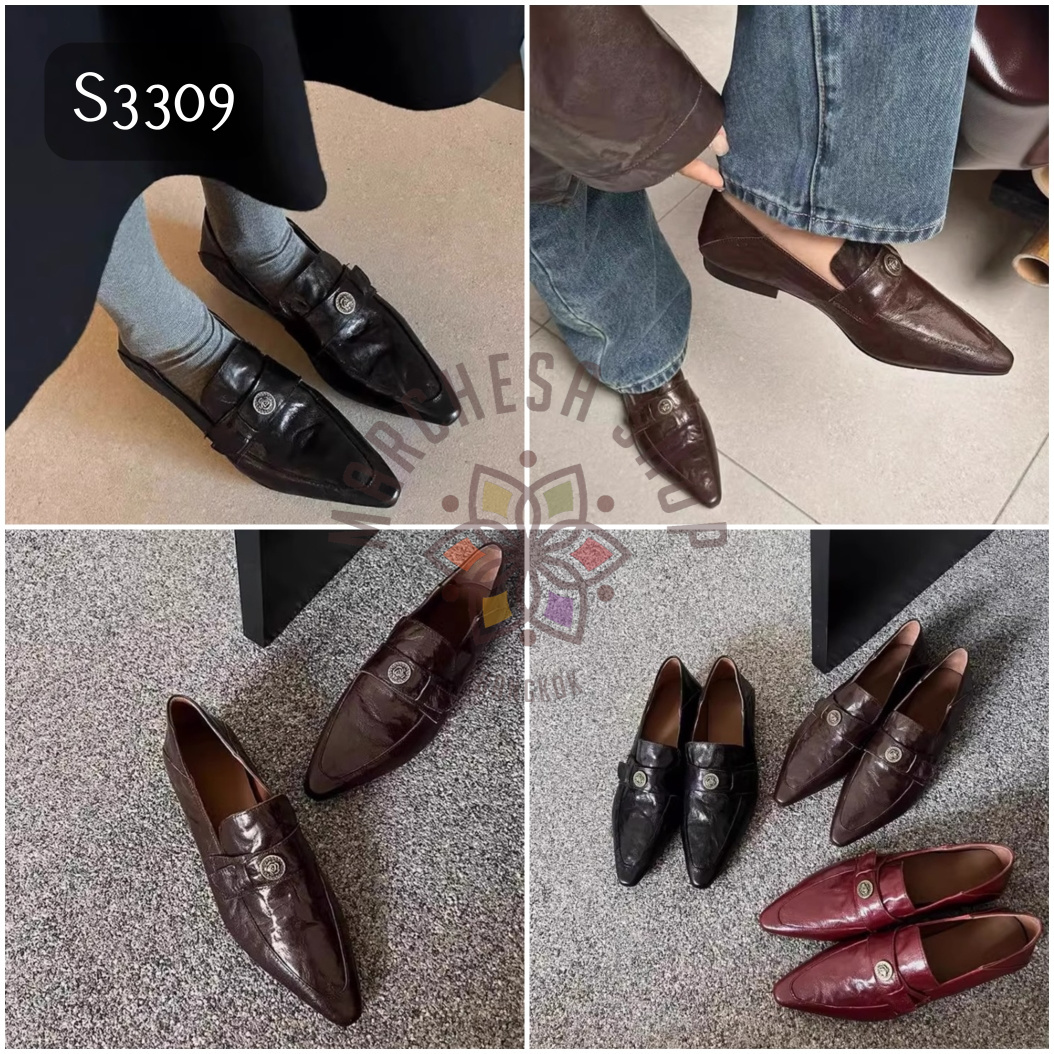 S3309 - 全真皮羊皮皺摺山茶花尖頭平底鞋