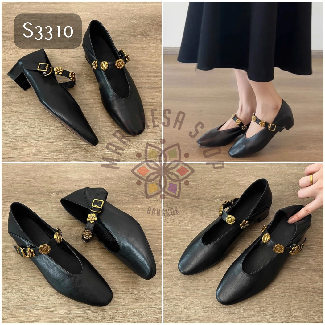 S3310 - 全真皮羊皮山茶花一字帶方頭低踭鞋