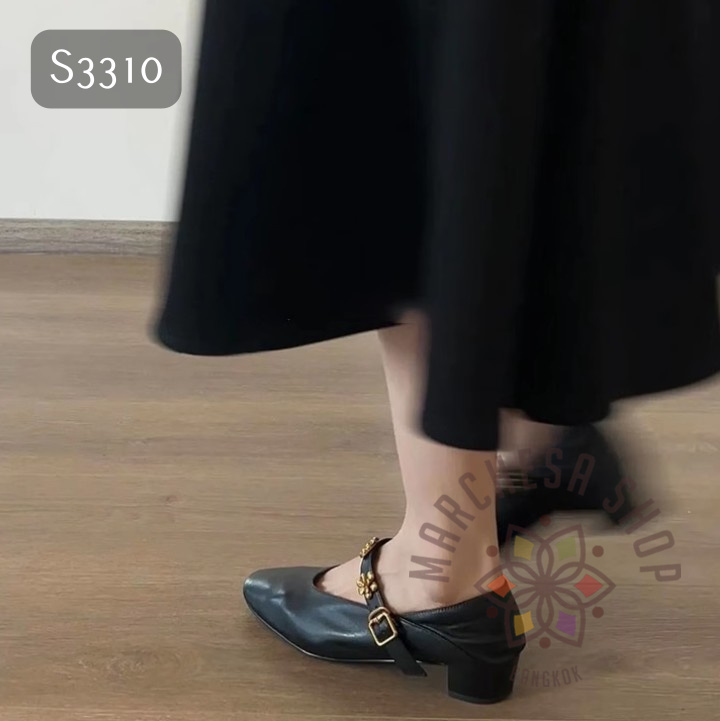 S3310 - 全真皮羊皮山茶花一字帶方頭低踭鞋