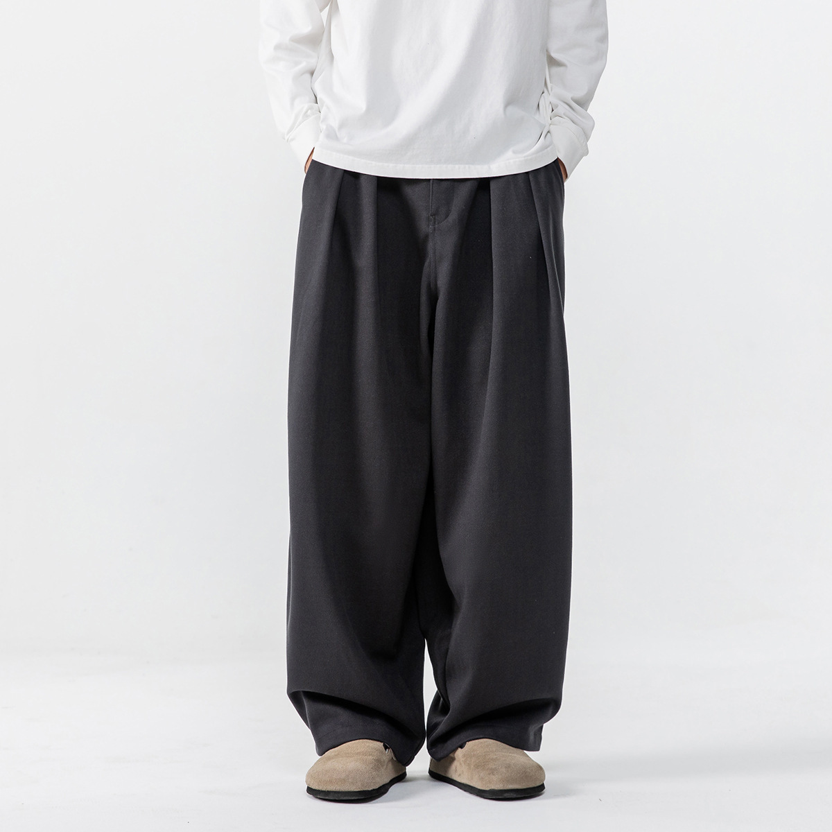 12M03 日系慵懶寬鬆人字紋寬褲 兩色