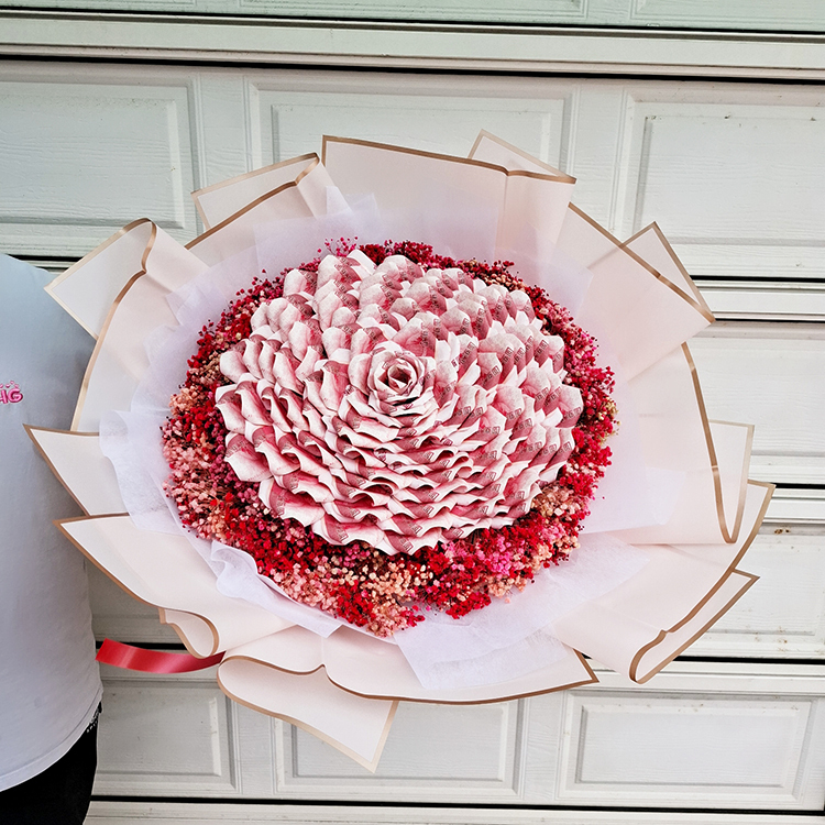 100張鈔票花束,有錢花,有錢花束,banknote-money-baby's-breath-bouquet-black-wrapper