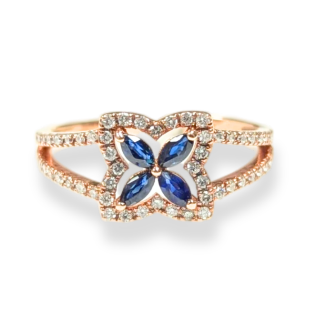 18K玫瑰金天然鑽石藍寶戒指