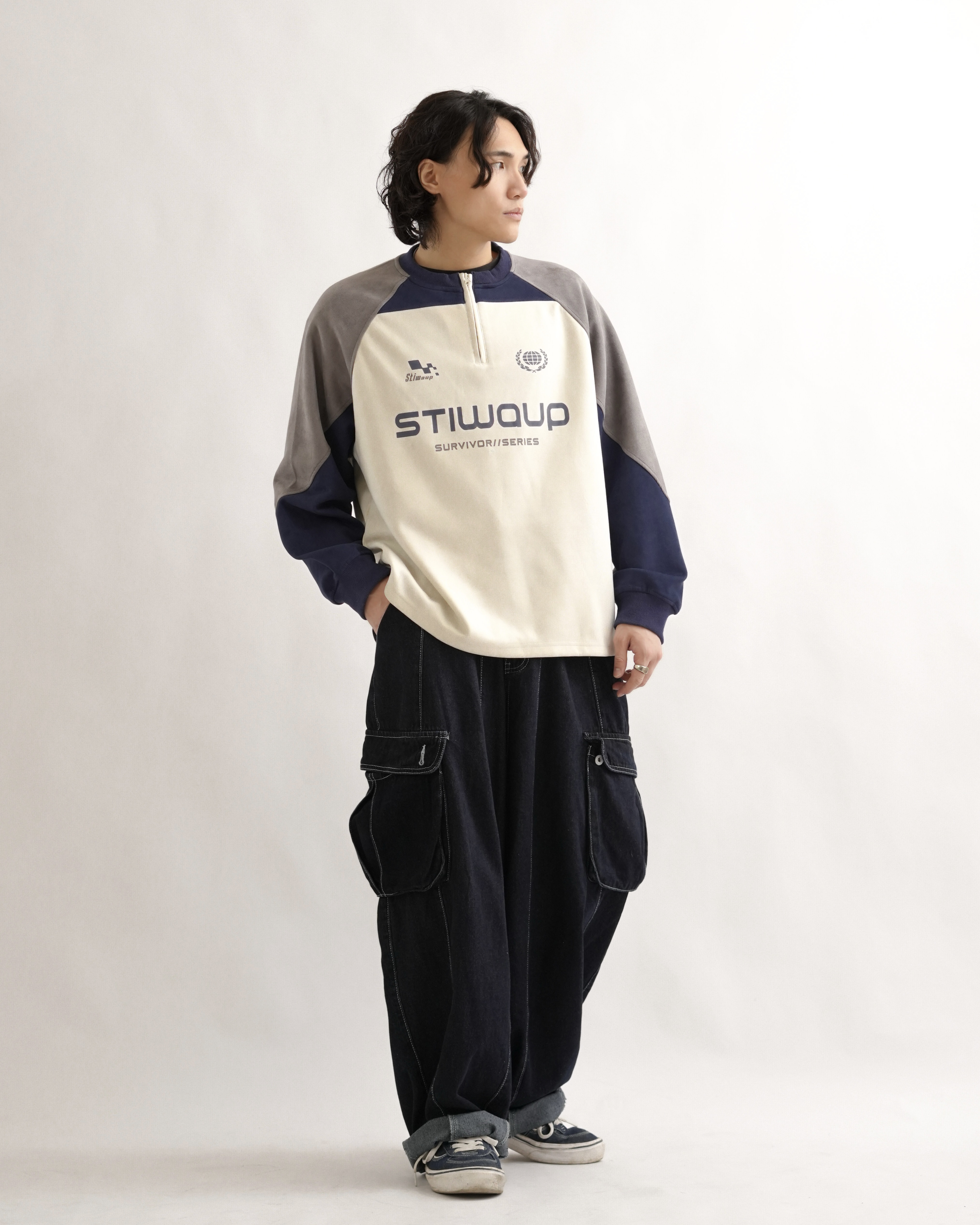 ML011 半拉鏈拼色麂皮衛衣-米色