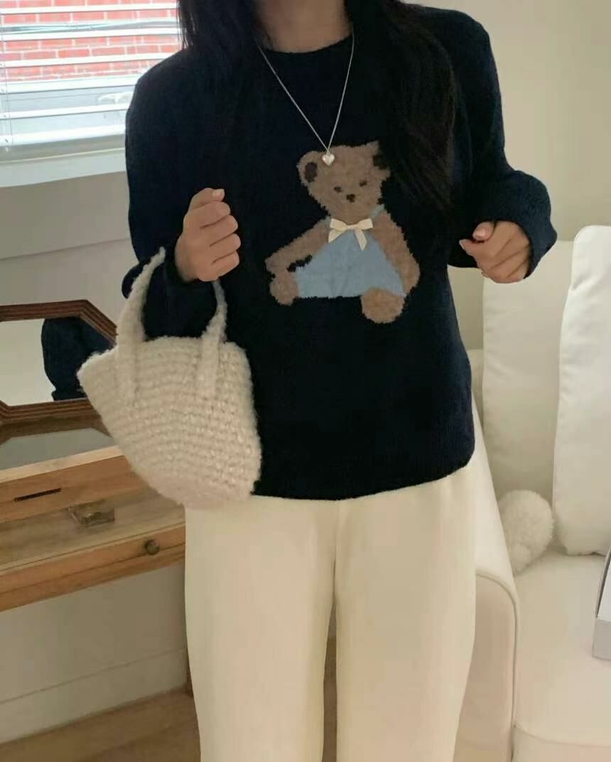 毛毛熊仔針織上衣(深藍色)