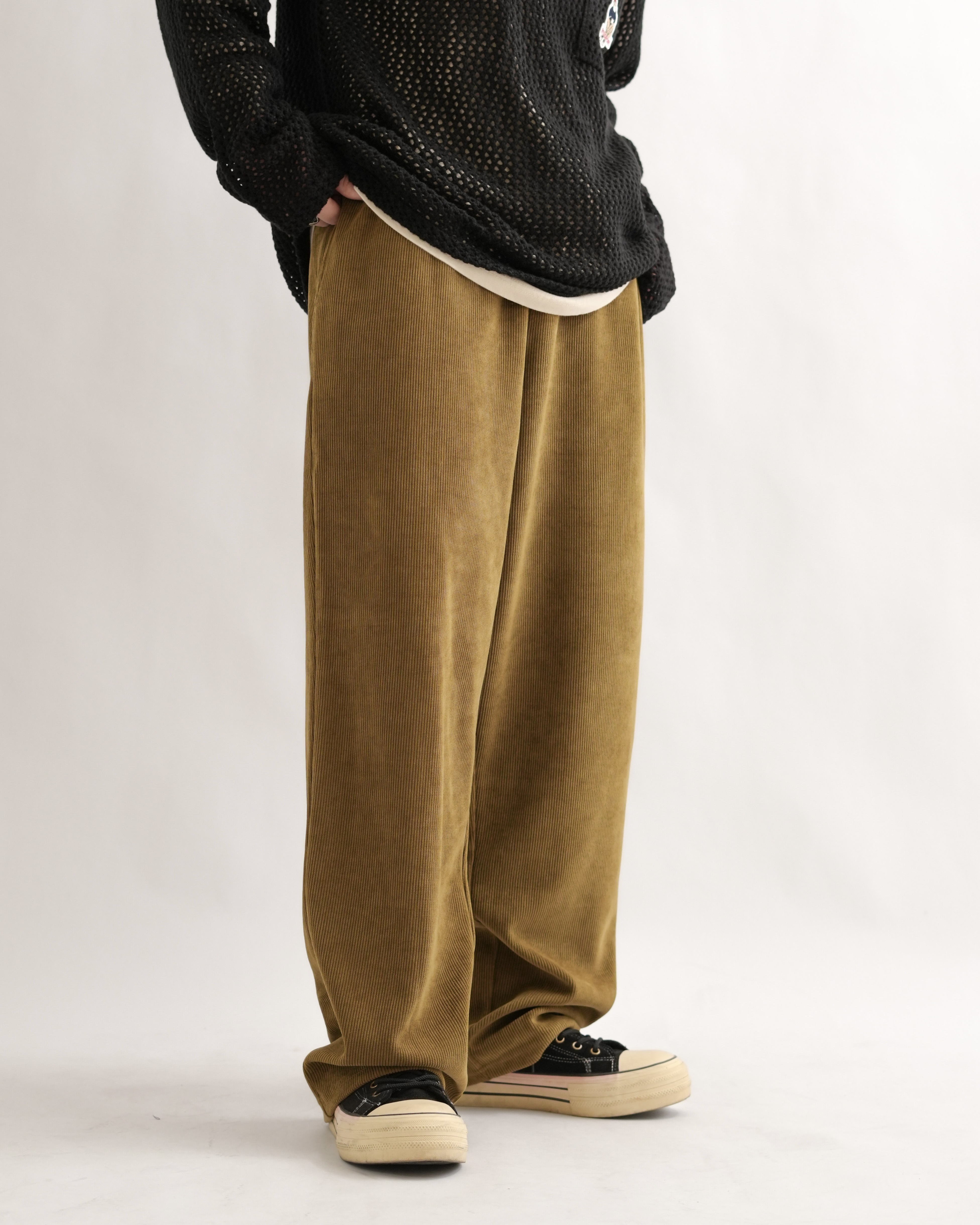 ML122 坑條燈芯絨落地寬褲-黃色