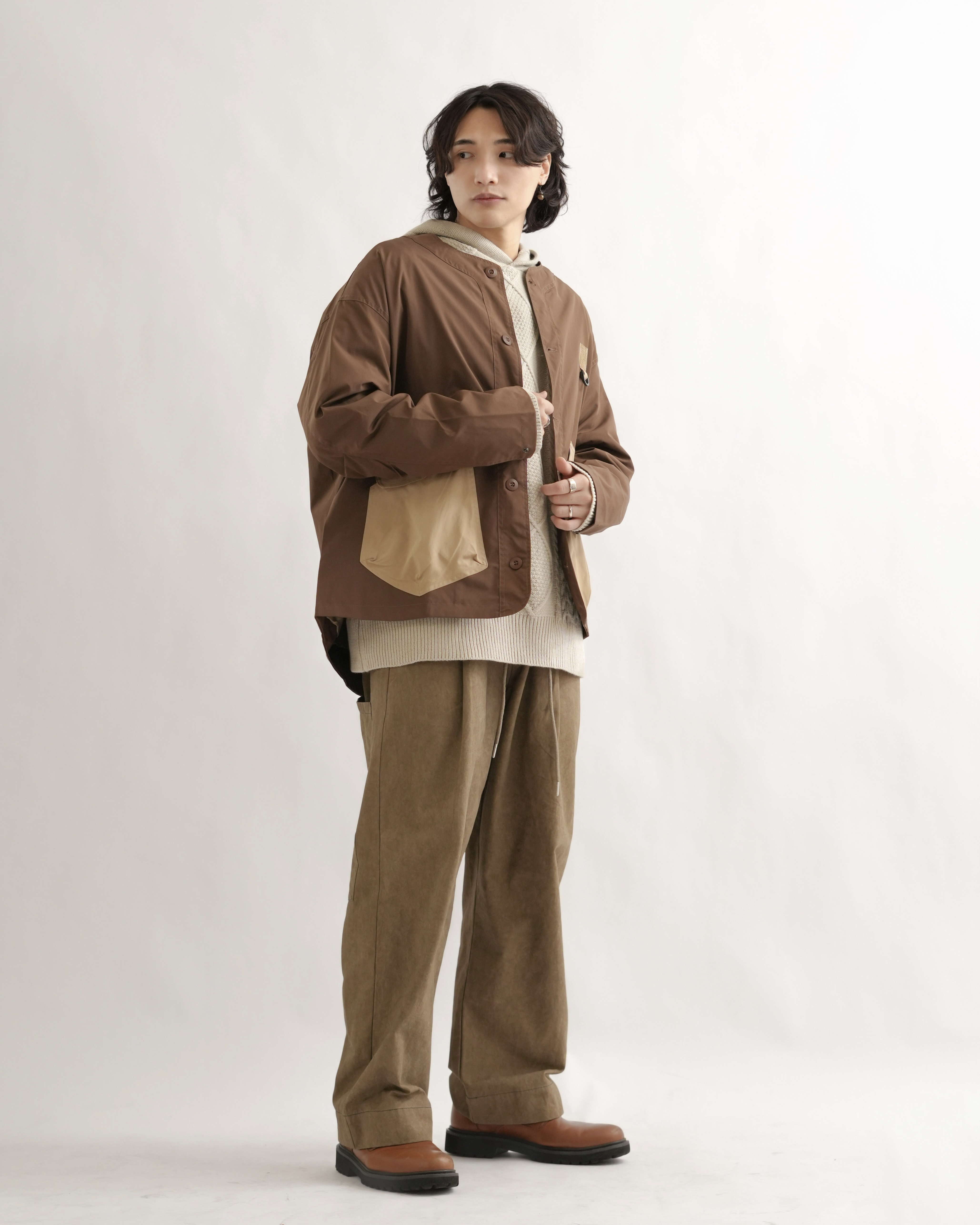 ML071 日系拼色大口袋無領外套-咖色