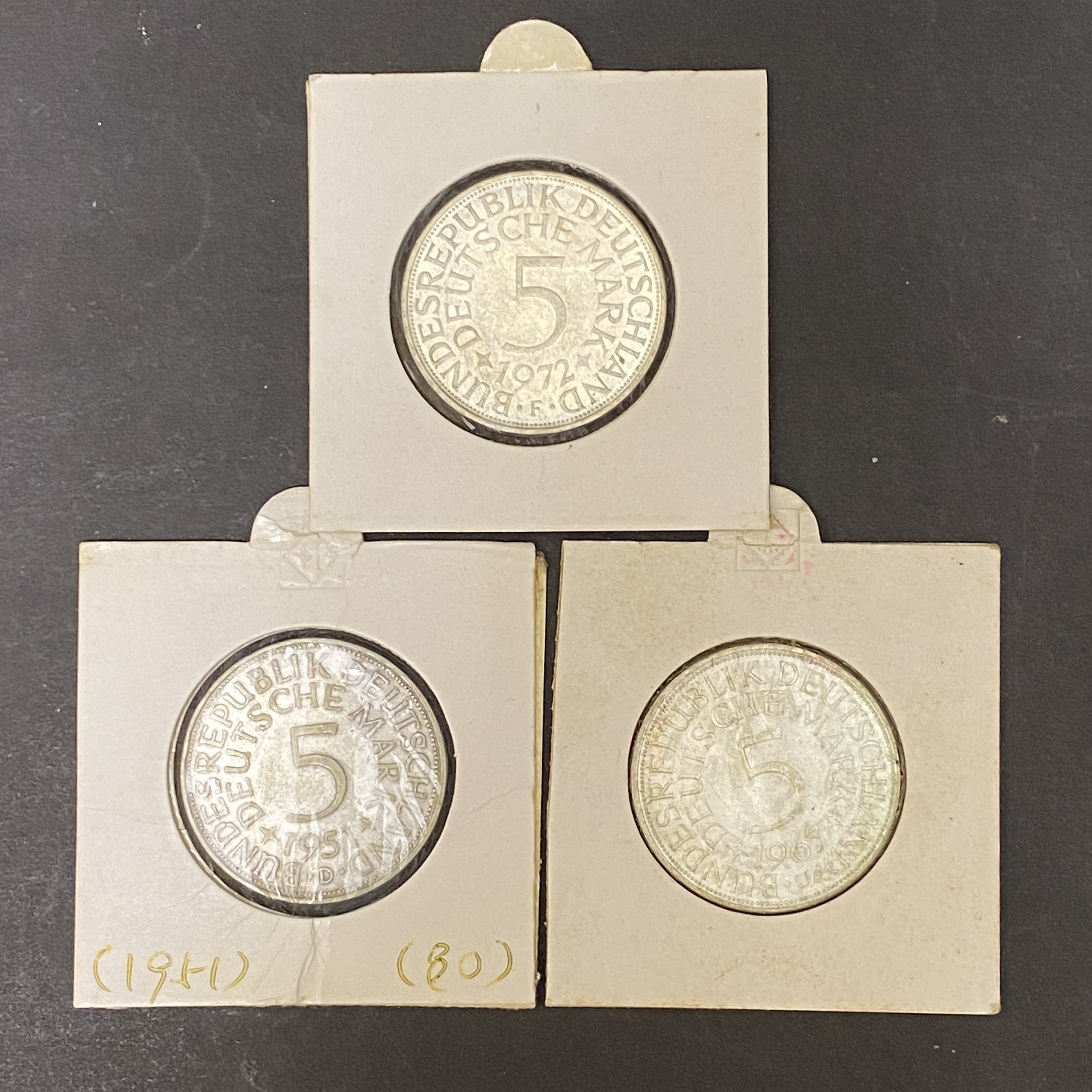 1951D.1967J.1972F Three German 5 Mark Coins (62.5% Silver)