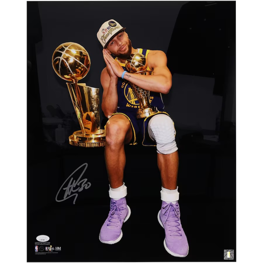 Stephen Curry Golden State Warriors Autographed 16" x 20" Holding Trophy Spotlight Photograph - Signed in Silver Ink - JSA