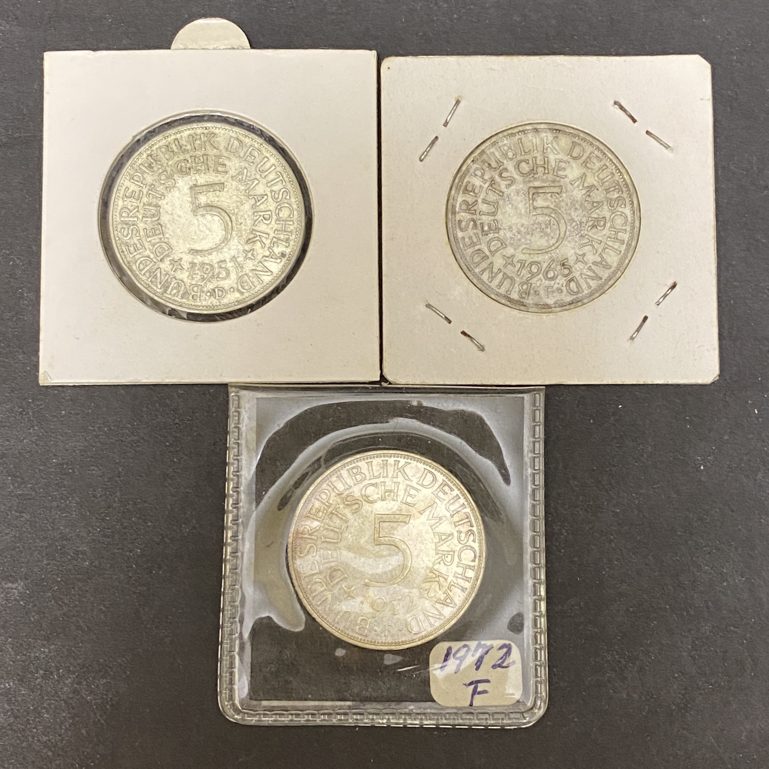 1951D.1965F.1972F Three German 5 Mark Coins (62.5% Silver)