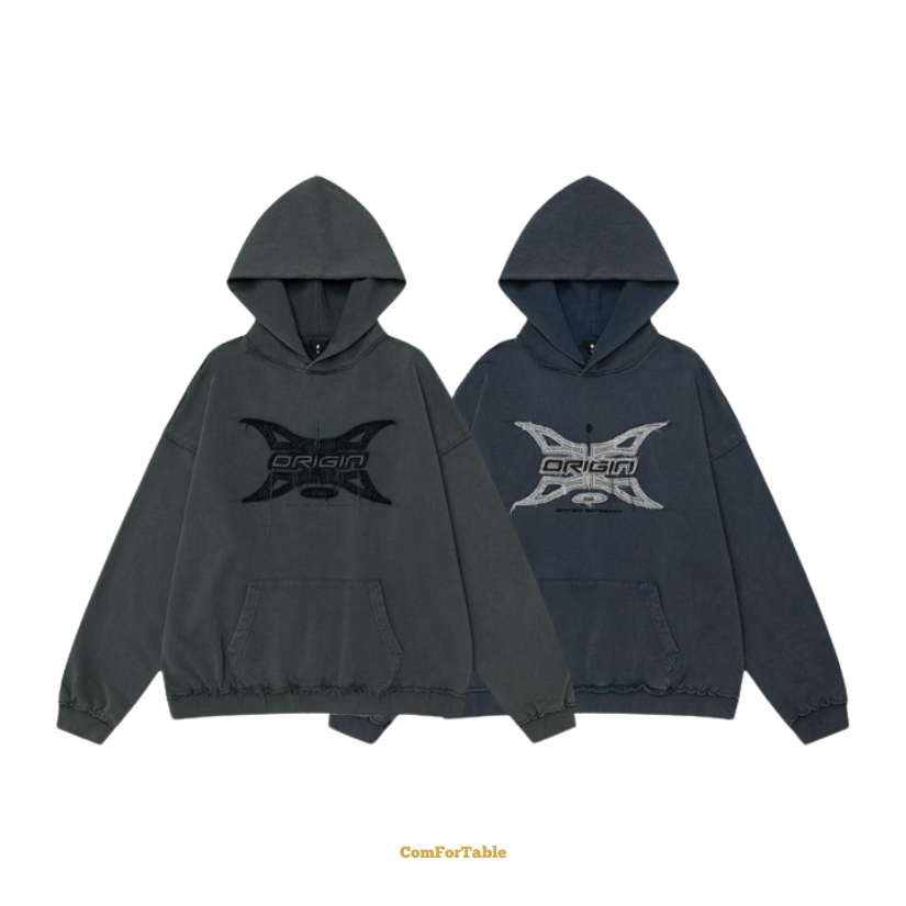 430g精梳棉毛邊貼布連帽TEE