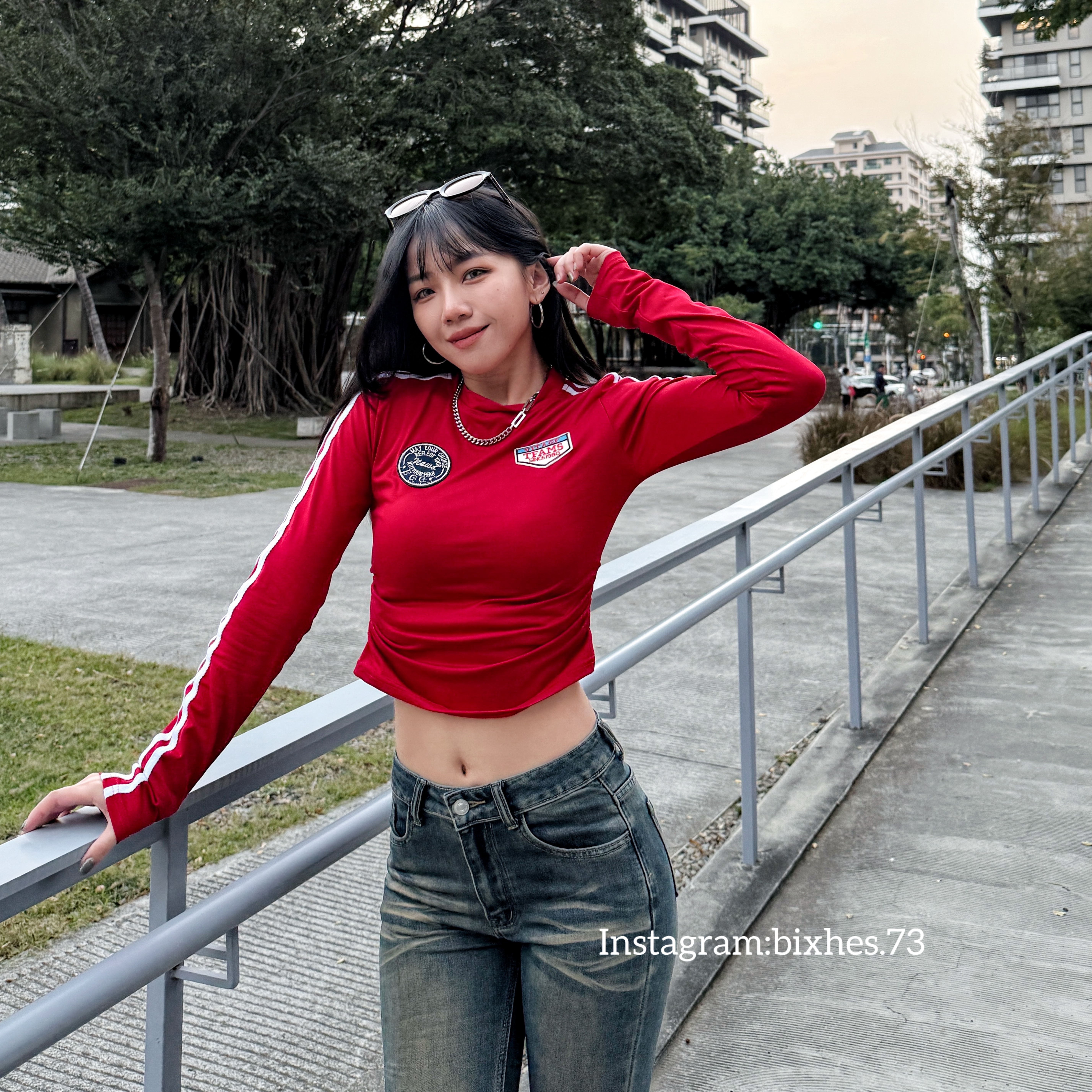 美式邊條正紅長T(B00047)