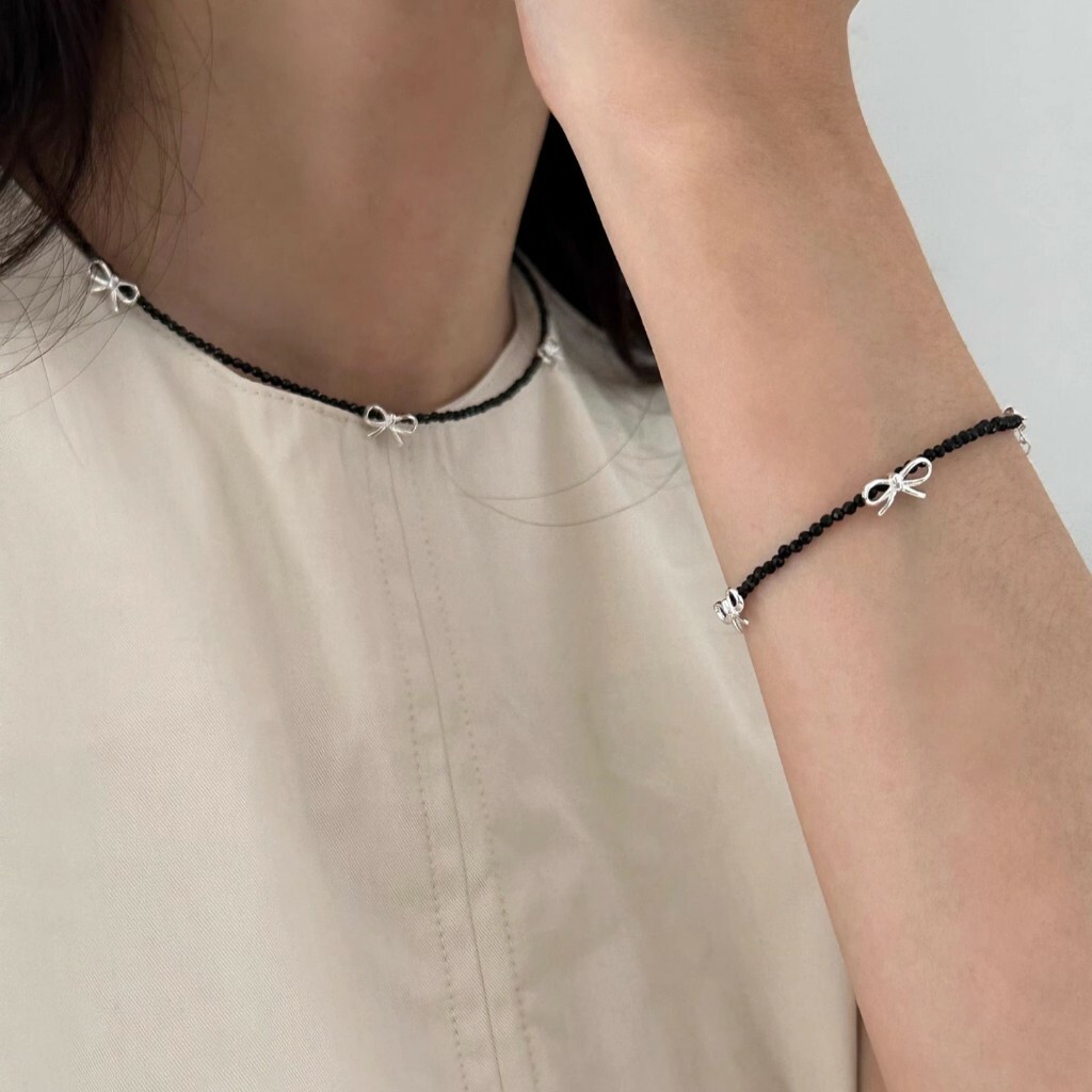 黑水晶蝴蝶結｜純銀手鍊