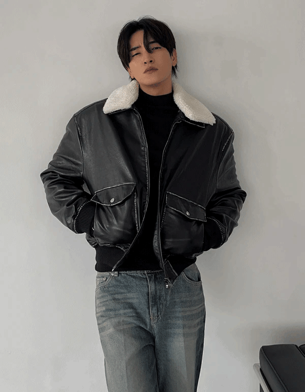 (韓國獨家特價)皮革羊毛領夾克外套
