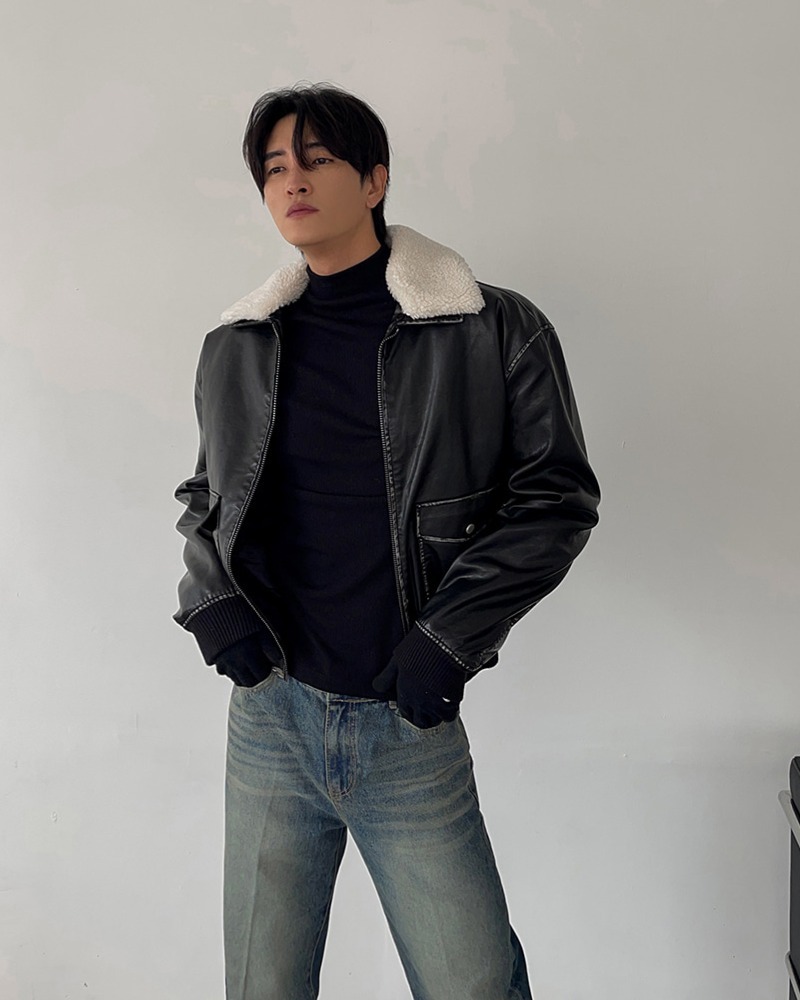 (韓國獨家特價)皮革羊毛領夾克外套
