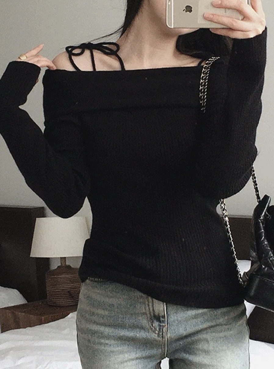 （超顯瘦 !!）預訂｜SLOWAND #SLOWMADE Ribbon Shoulder Loose Fit Knit (3 Color)