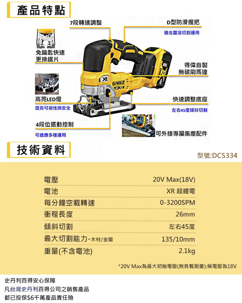 得偉 DEWALT 20V 可調速 無刷 線鋸機 DCS334B 空機 DCS334