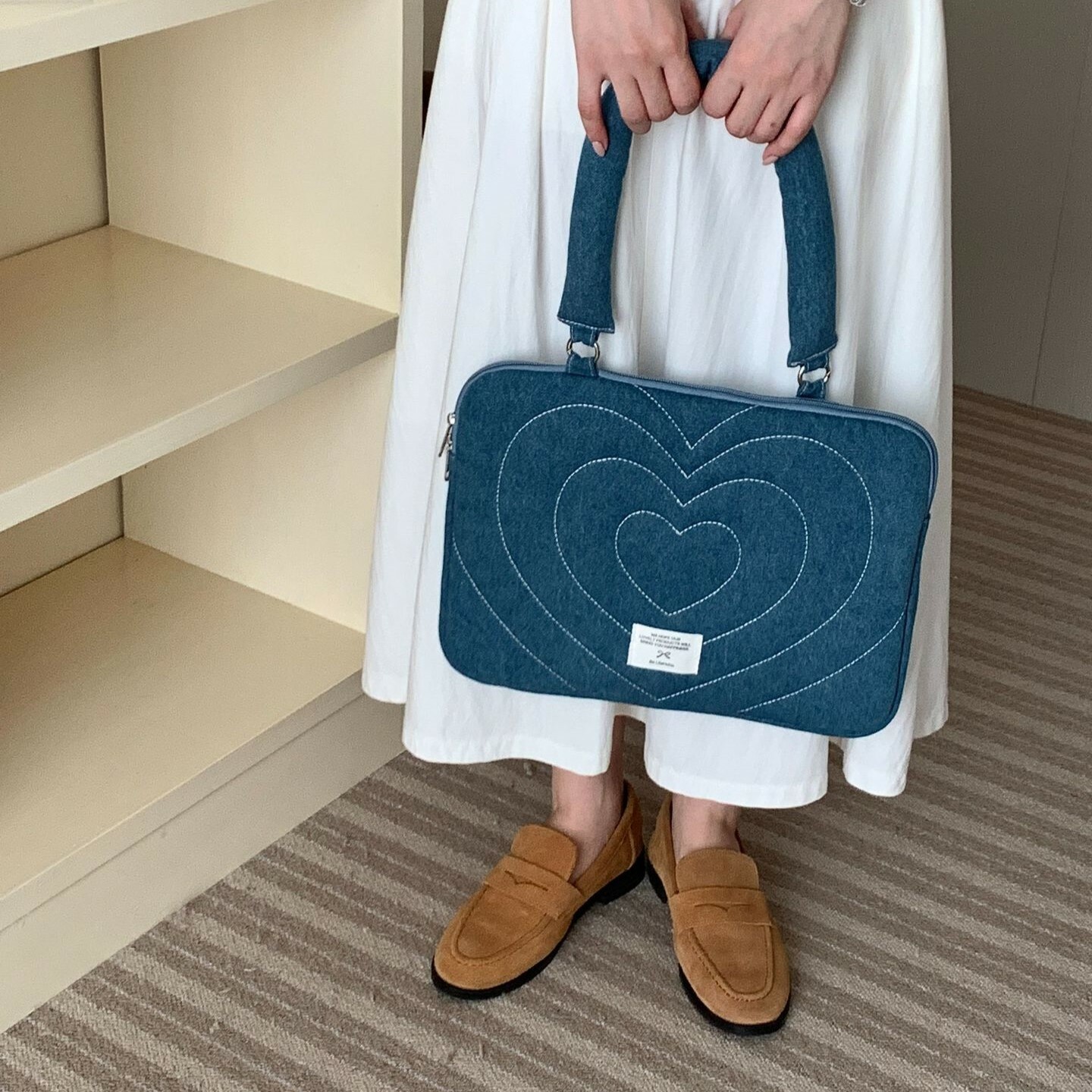 《5383》水洗牛仔蝴蝶結愛心手提電腦包