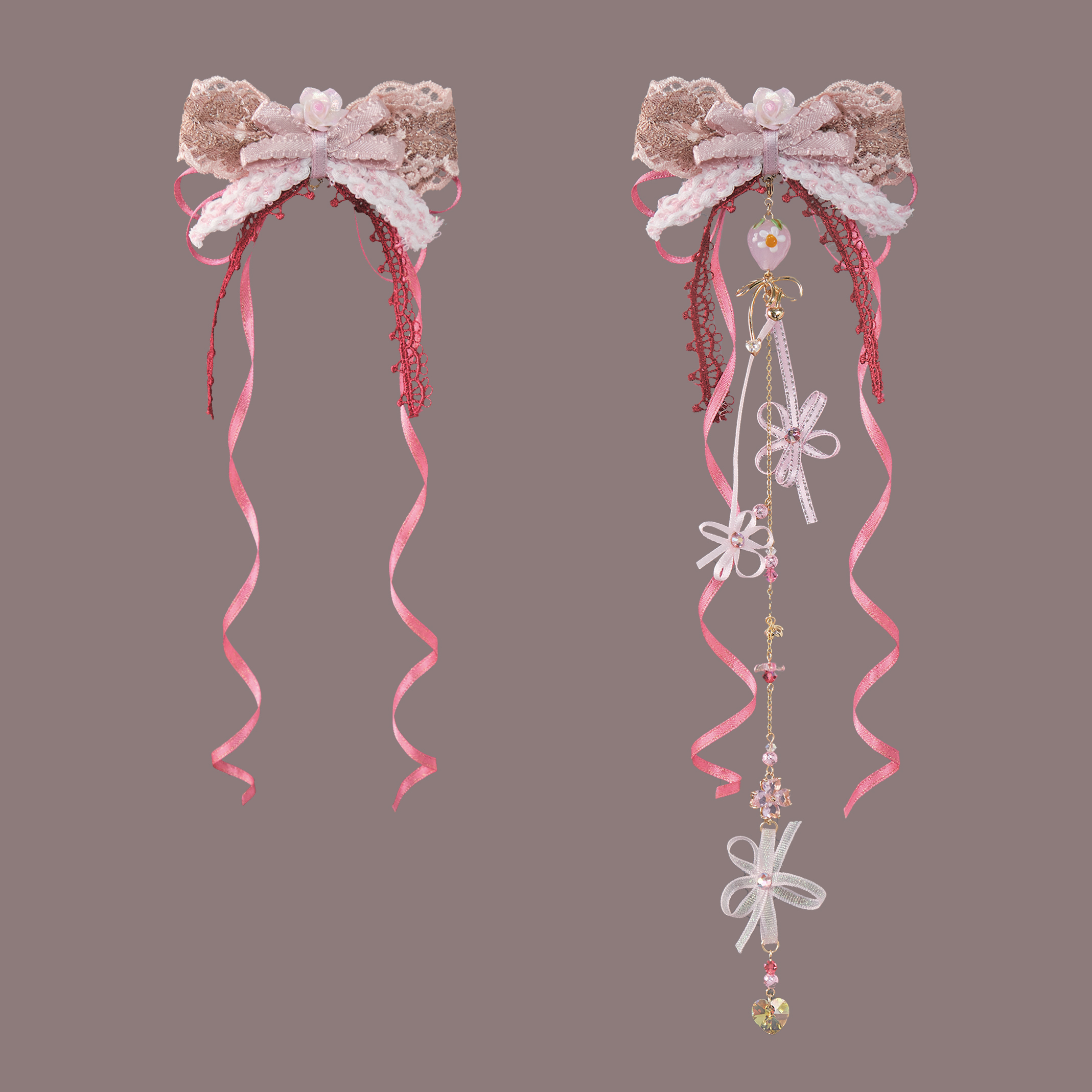 Strawberry Toffee Mini Bow 2-in-1 Duckbill Clip with Detachable Charm Chain