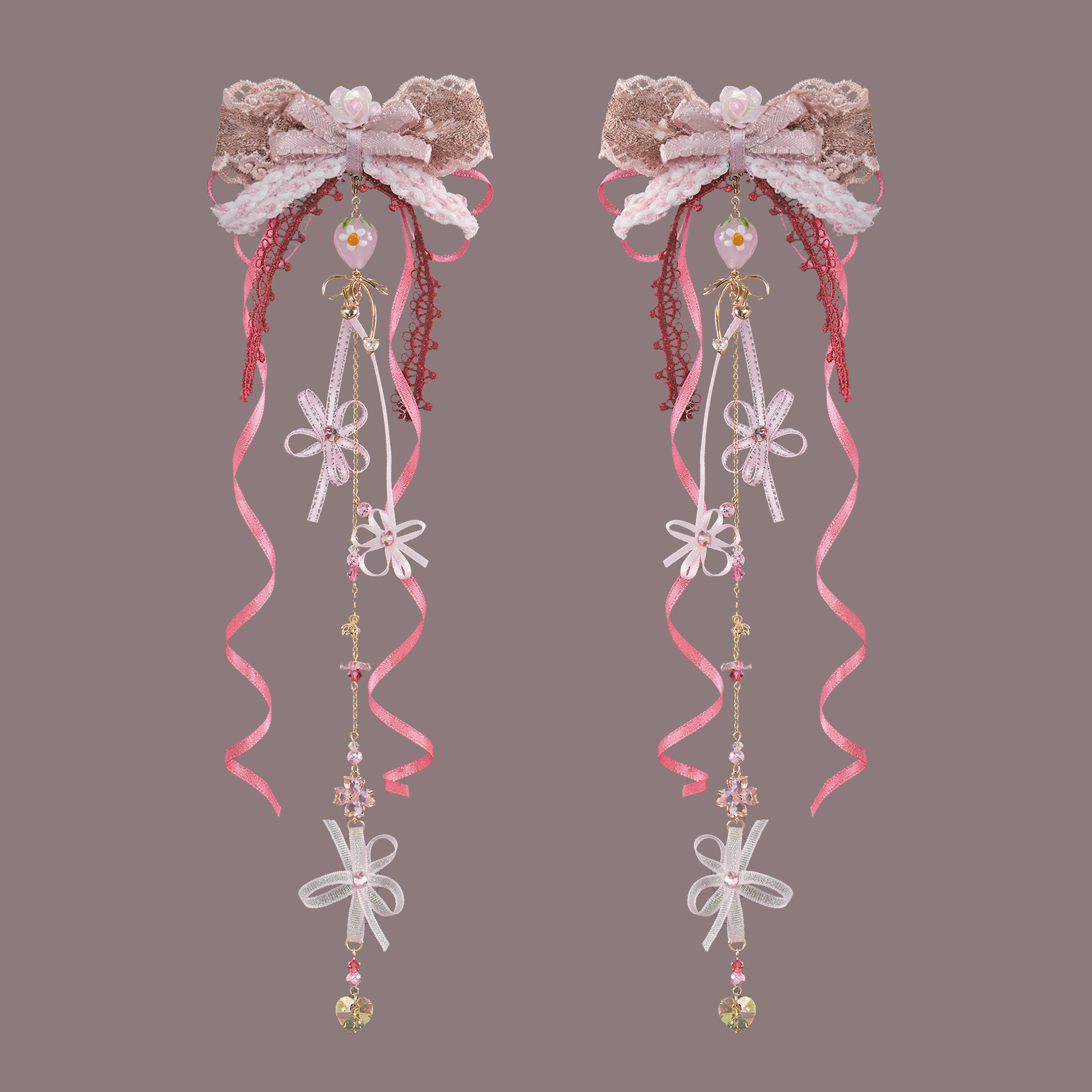 Strawberry Toffee Mini Bow 2-in-1 Duckbill Clip with Detachable Charm Chain