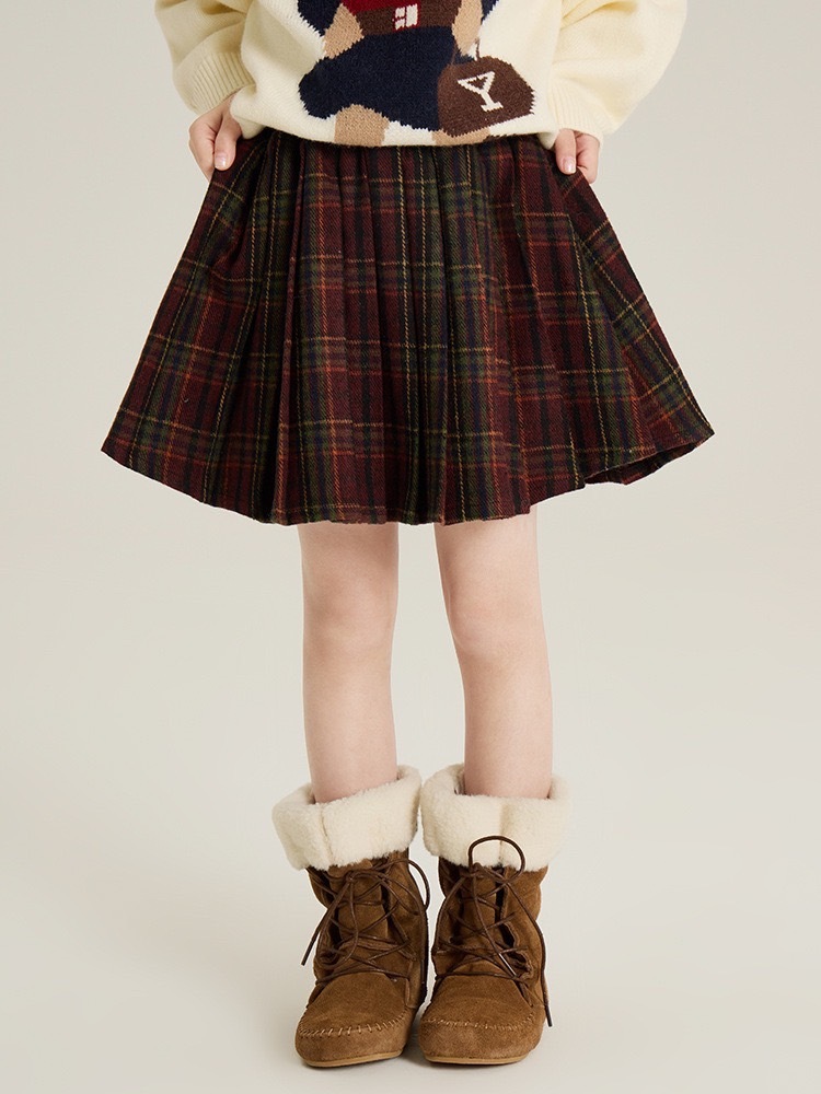 復古毛呢格子百褶裙