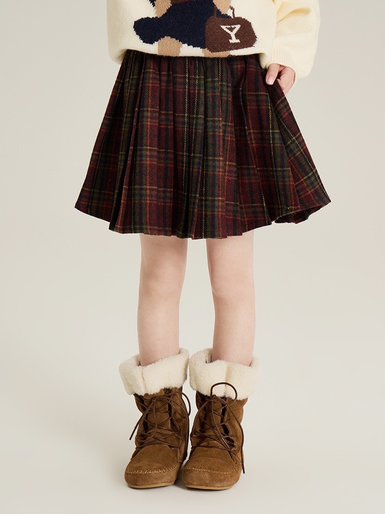 復古毛呢格子百褶裙