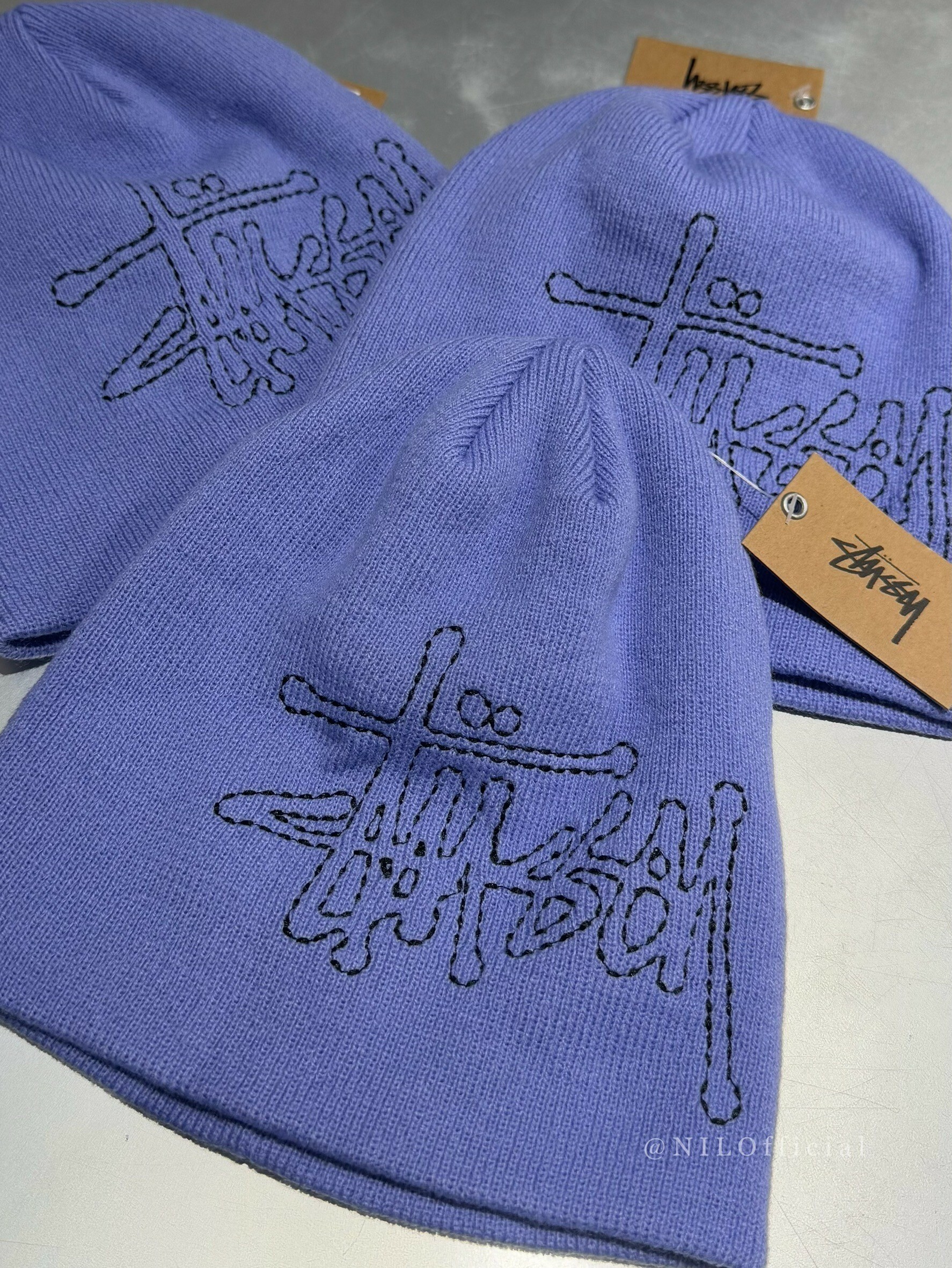 Stussy Basic 縫線黑字 毛帽 靛紫色