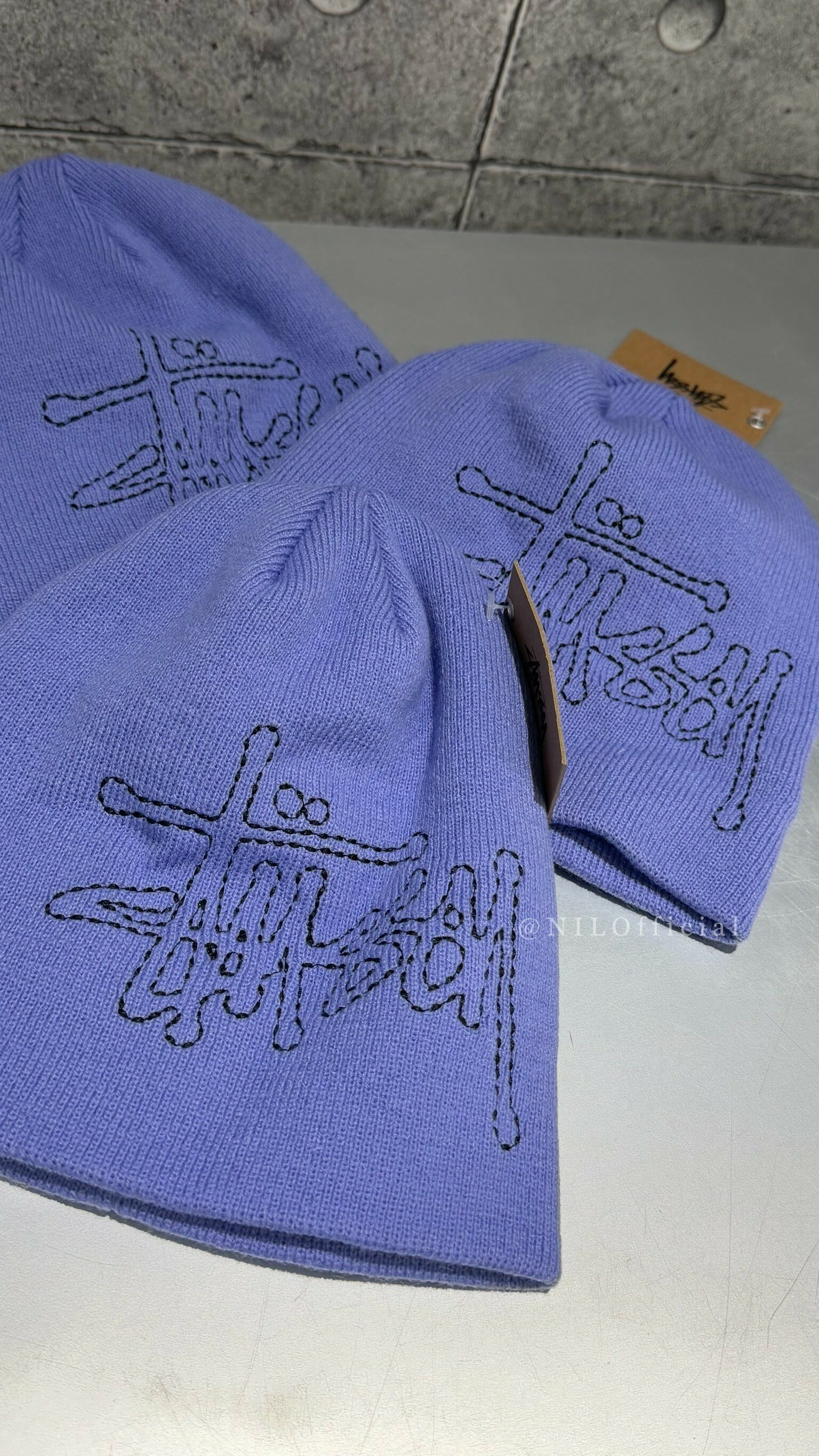 Stussy Basic 縫線黑字 毛帽 靛紫色